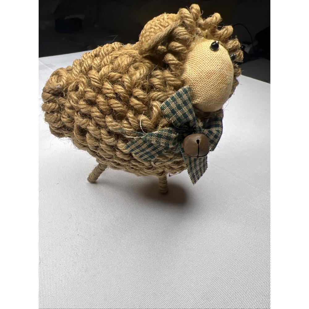 Primitive Jute Rope Wooly Sheep Rustic Bell Farmhouse Country Decor 6 Inch
